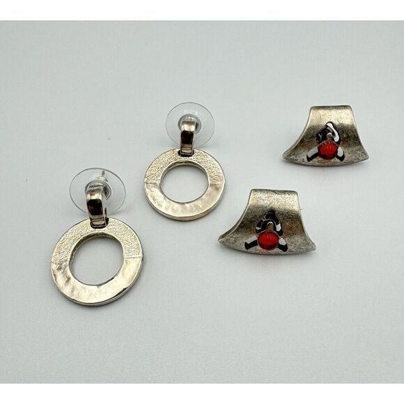Chicos 2 Pair Lot Earrings Silver Tone Post Pierced Drop Brutalist Red Cabochon - Picture 1 of 7